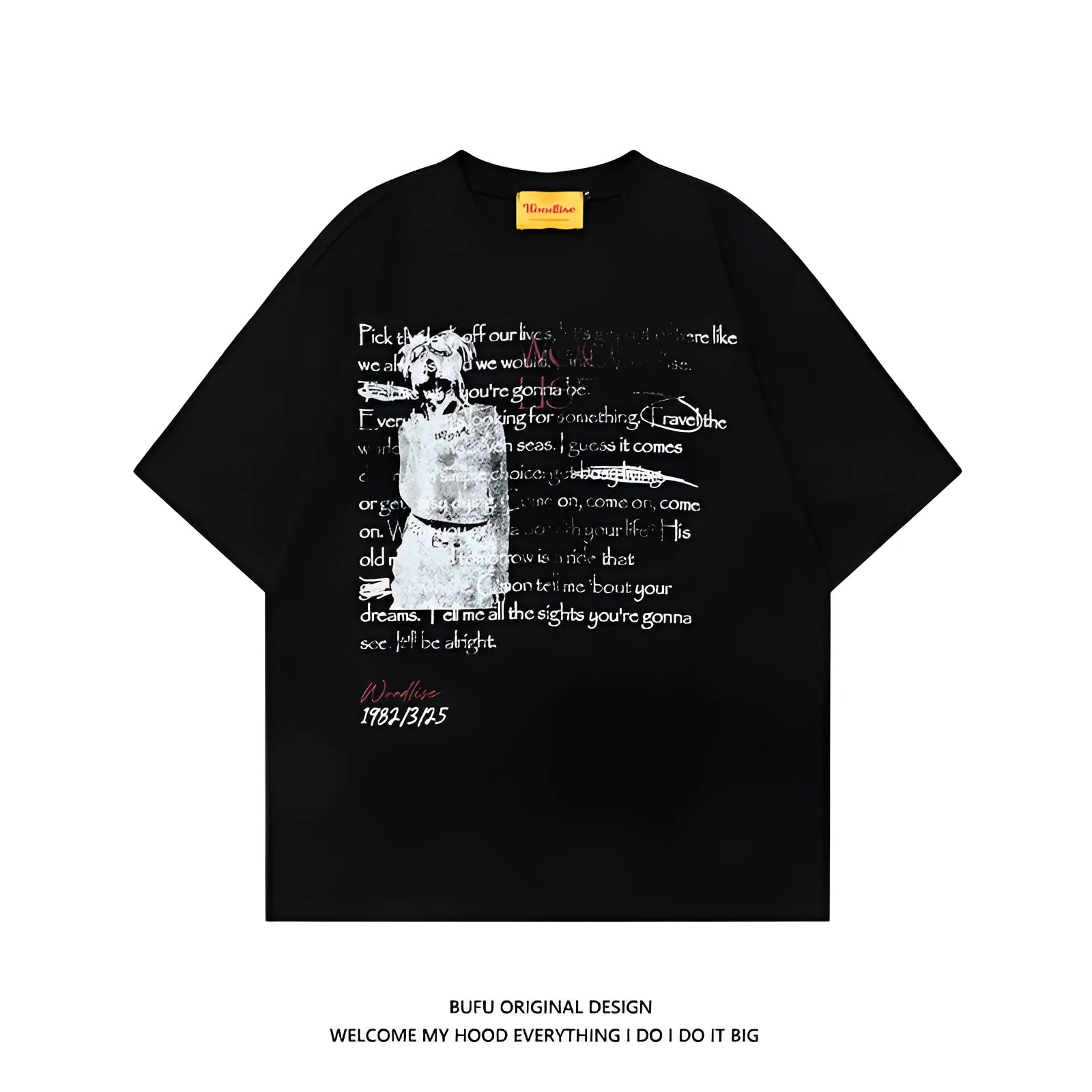 Men's black loose fit cotton T-shirt with white letter printing and raglan sleeves for retro hip hop style