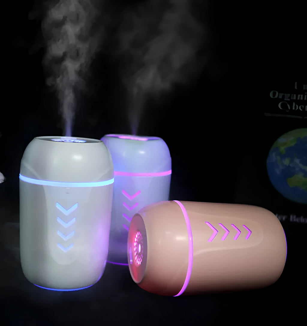 X3 portable car humidifier with columnar shape in blue, pink, or white colours showing USB port
