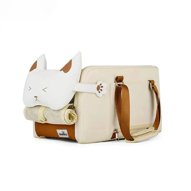 Hard-sided beige pet carrier with shoulder strap for cats and small dogs