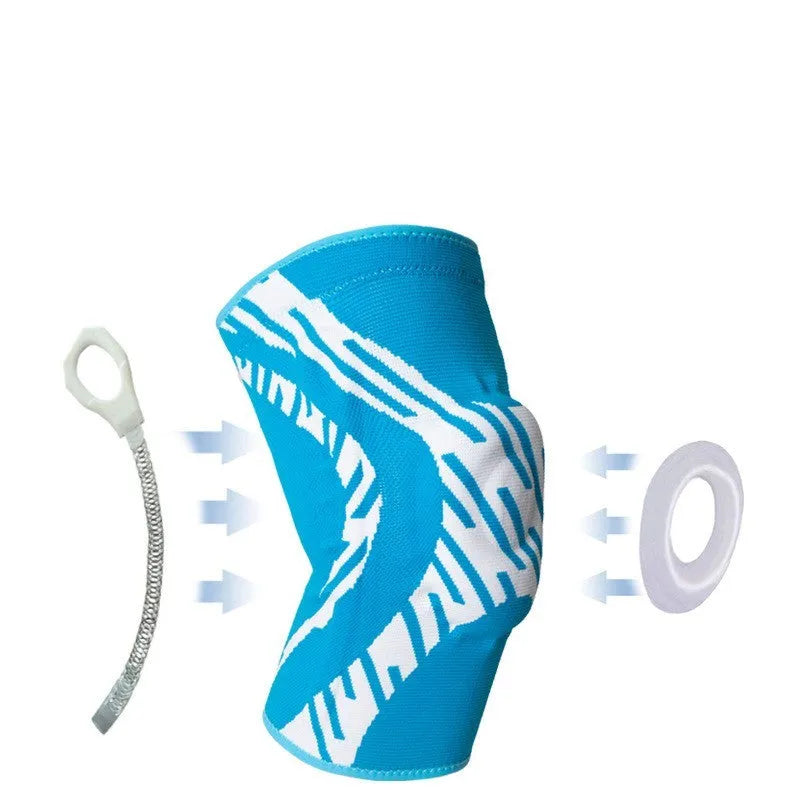 A black nylon compression knee pad for sports, shown laid flat.