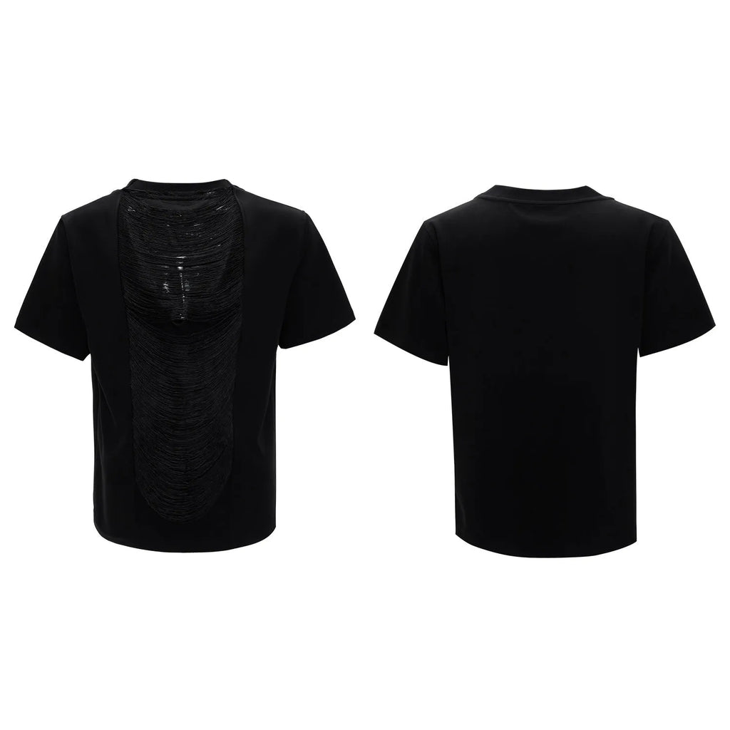 Black men's loose fit polyester T-shirt with V-neck collar and short sleeves