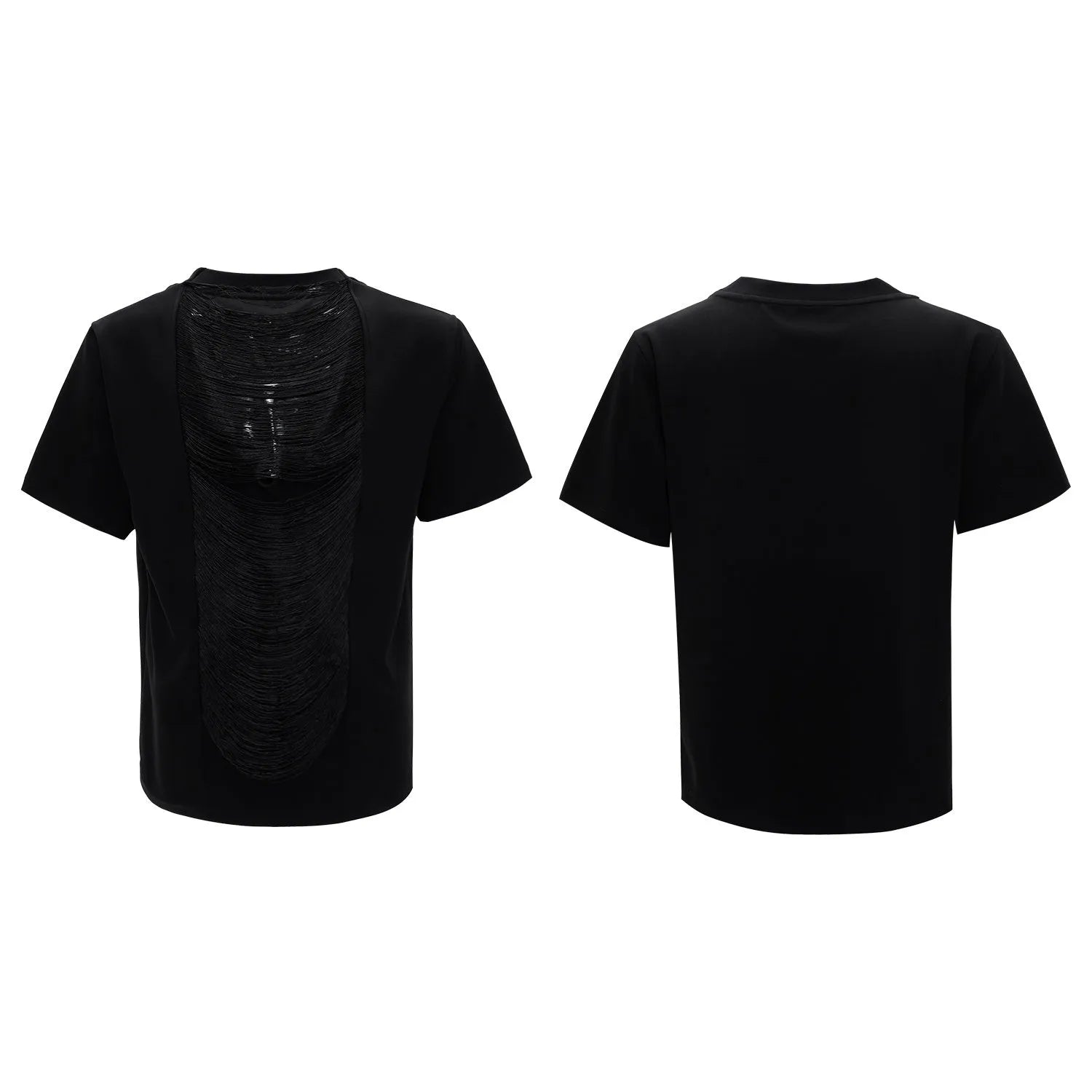 Black men's loose fit polyester T-shirt with V-neck collar and short sleeves
