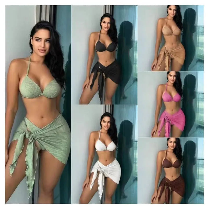 Women's three-piece swimsuit set with Russian split skirt in avocado green colour