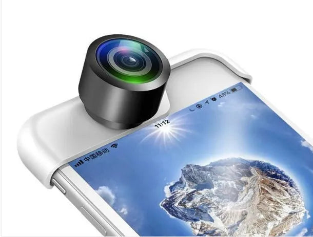 Panoramic camera lens accessory attached to an iPhone for taking 360-degree photos