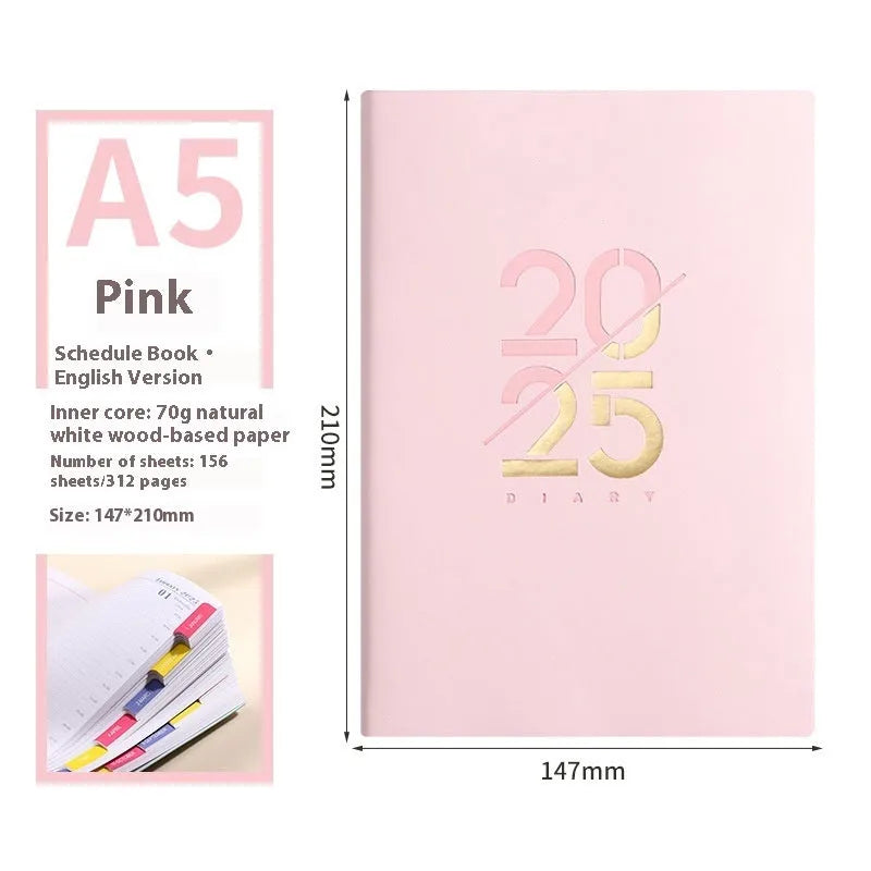 Soft cover A5 daily planner schedule book in blue, showing lay-flat binding and faux leather texture.