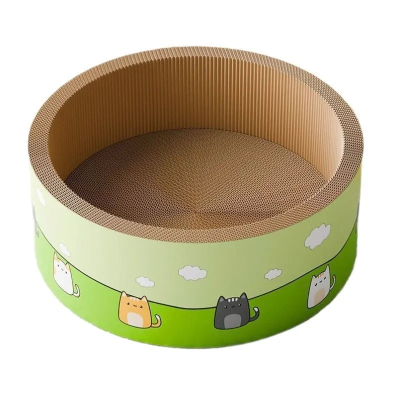 Large round deepening pit cat scratch board made of corrugated cardboard in 45cm and 50cm sizes.