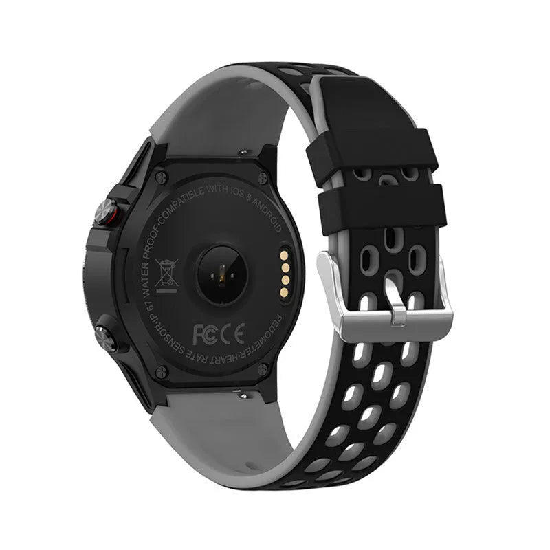 Blue outdoor smart watch with a silicone strap showing its 1.3-inch touch screen displaying fitness data.