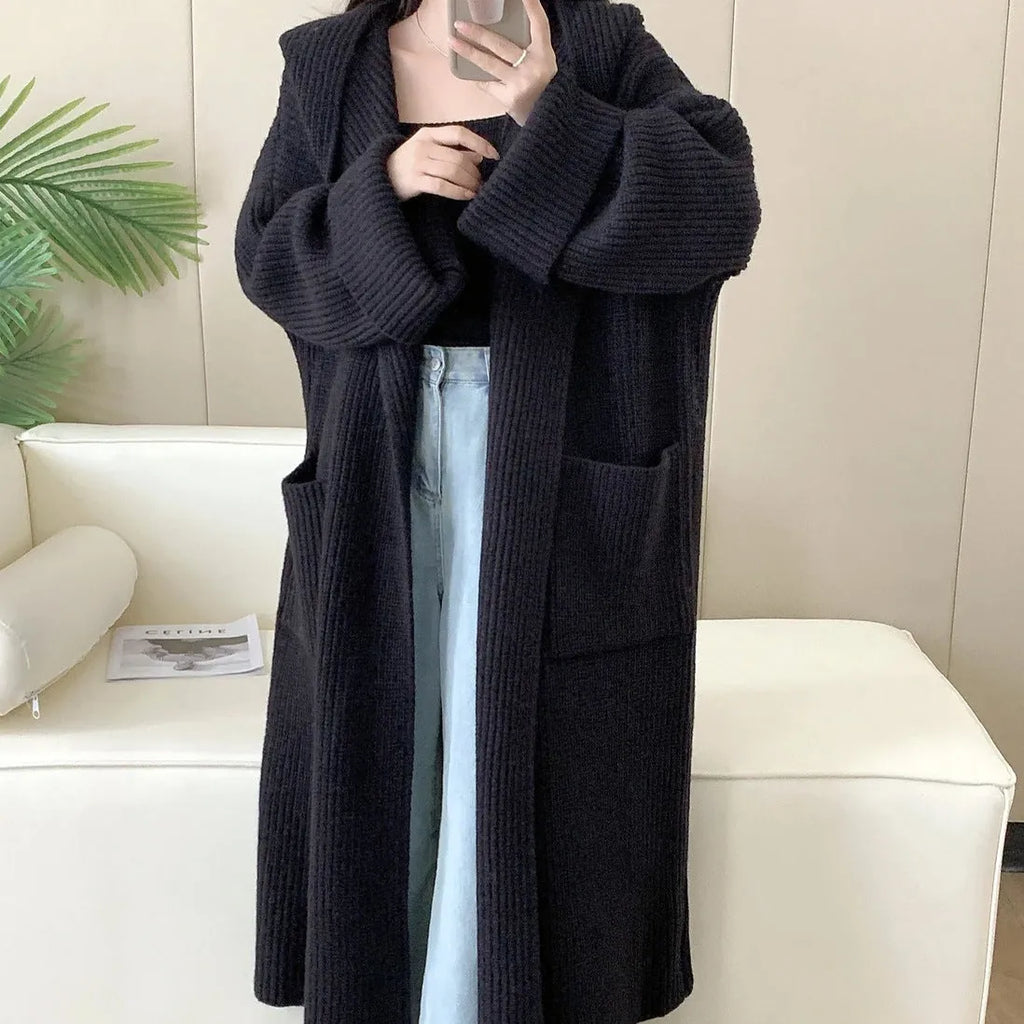 Women's acrylic fibre hooded cardigan coat with 80cm length and raglan sleeves in milky white colour