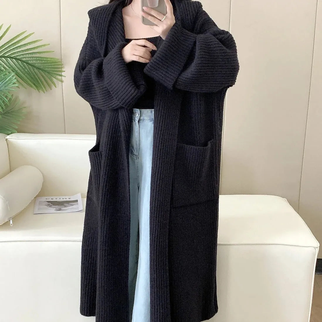 Women's acrylic fibre hooded cardigan coat with 80cm length and raglan sleeves in milky white colour