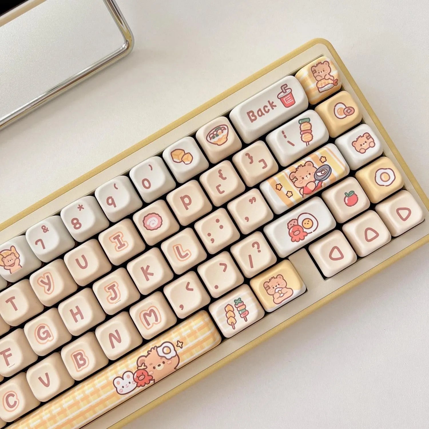 Rabbit Bear Restaurant themed PBT plastic keycap set for mechanical keyboards, showing 140 keys with EOA height profile.