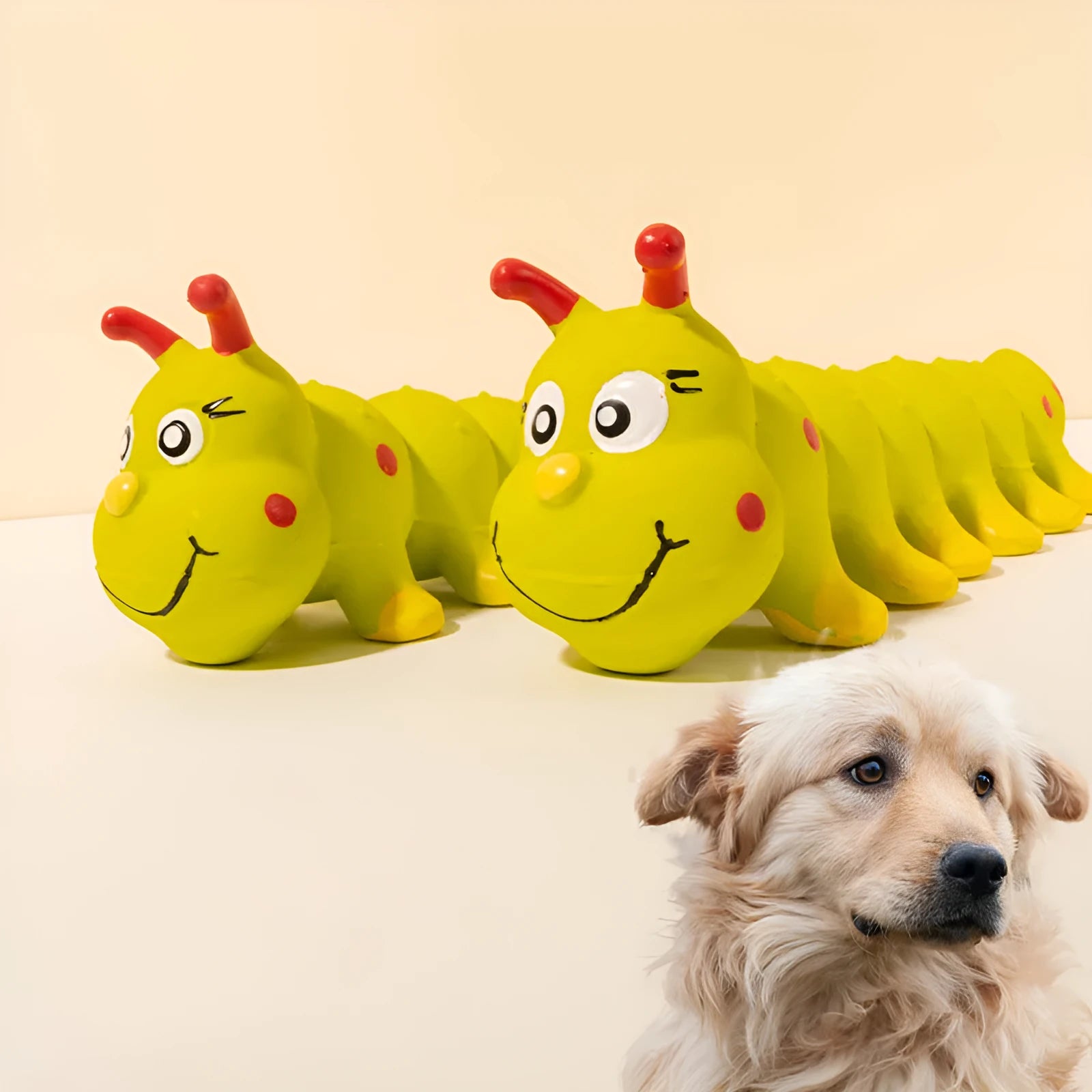 Yellow rubber caterpillar-shaped dog toy with squeaker for small medium breeds
