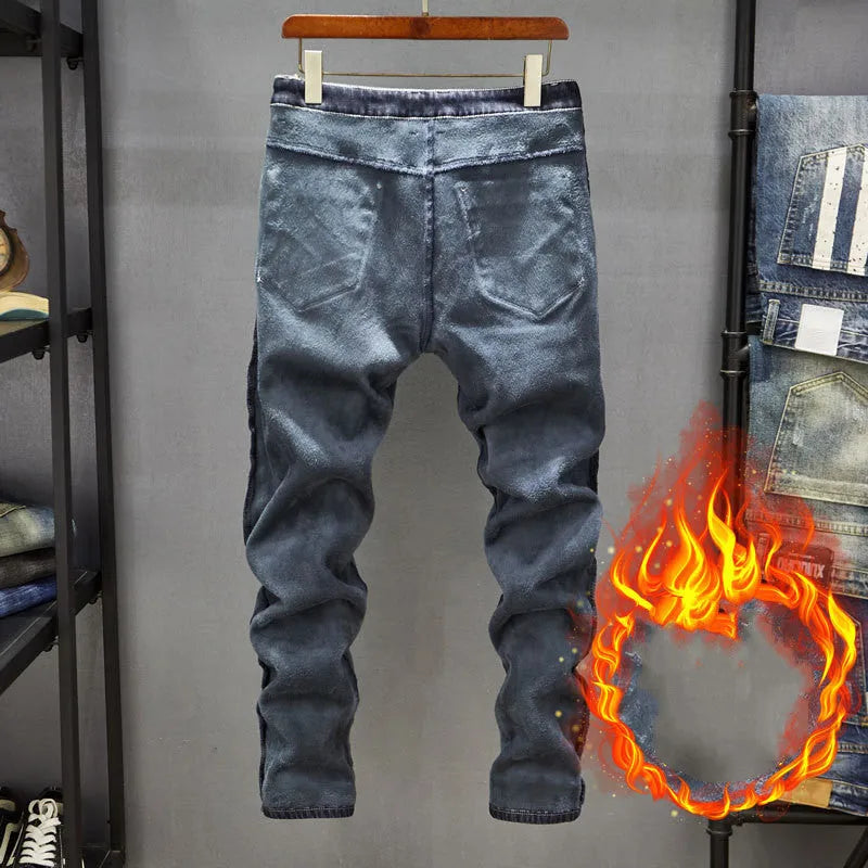 Men's slim-fitting skinny jeans in dark blue and light blue stretch cotton denim.