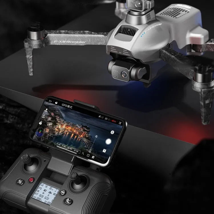 White folding quadcopter drone with camera and obstacle avoidance sensors on a grey background.