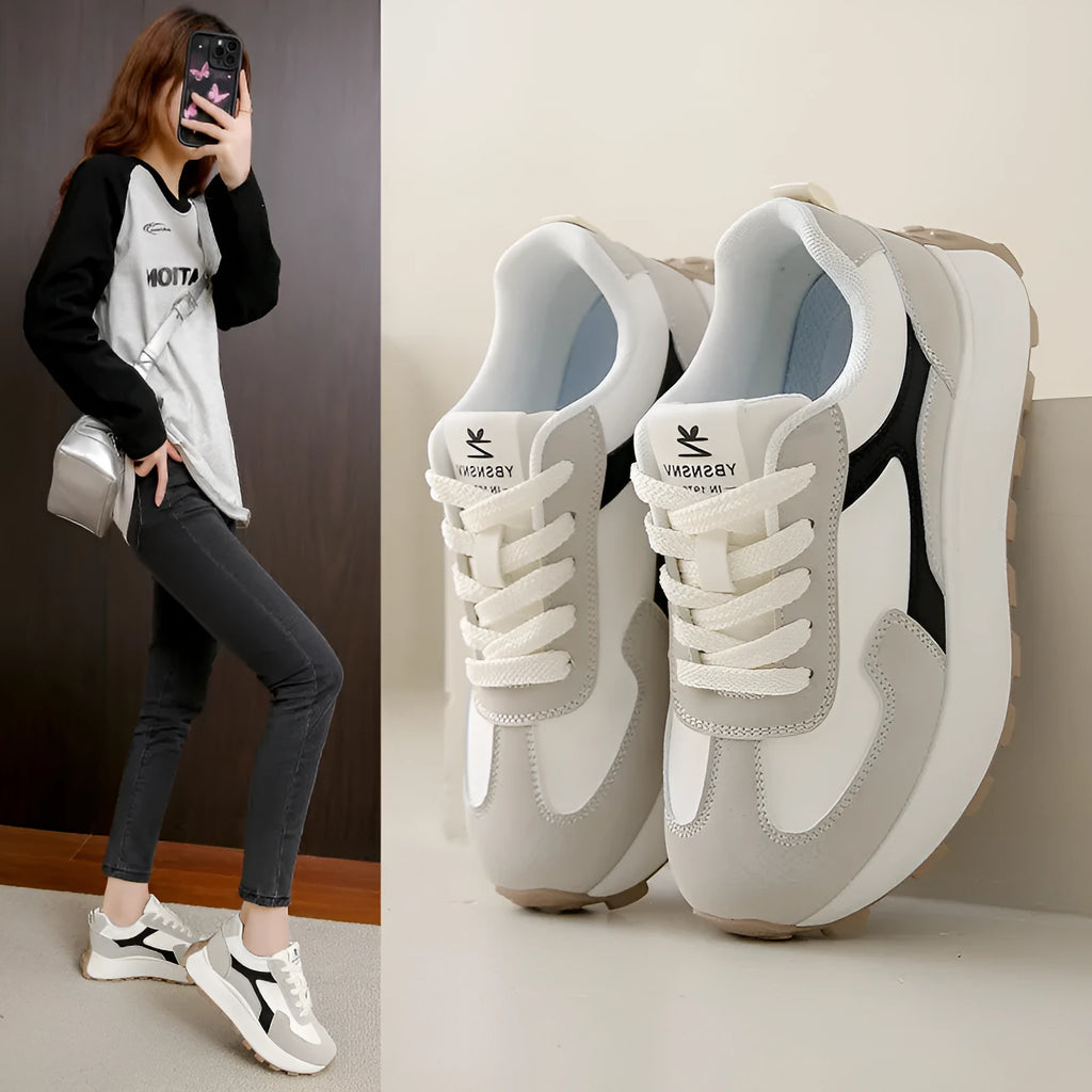 Women's platform sports running shoes in card black colour with rubber sole and front lace-up design