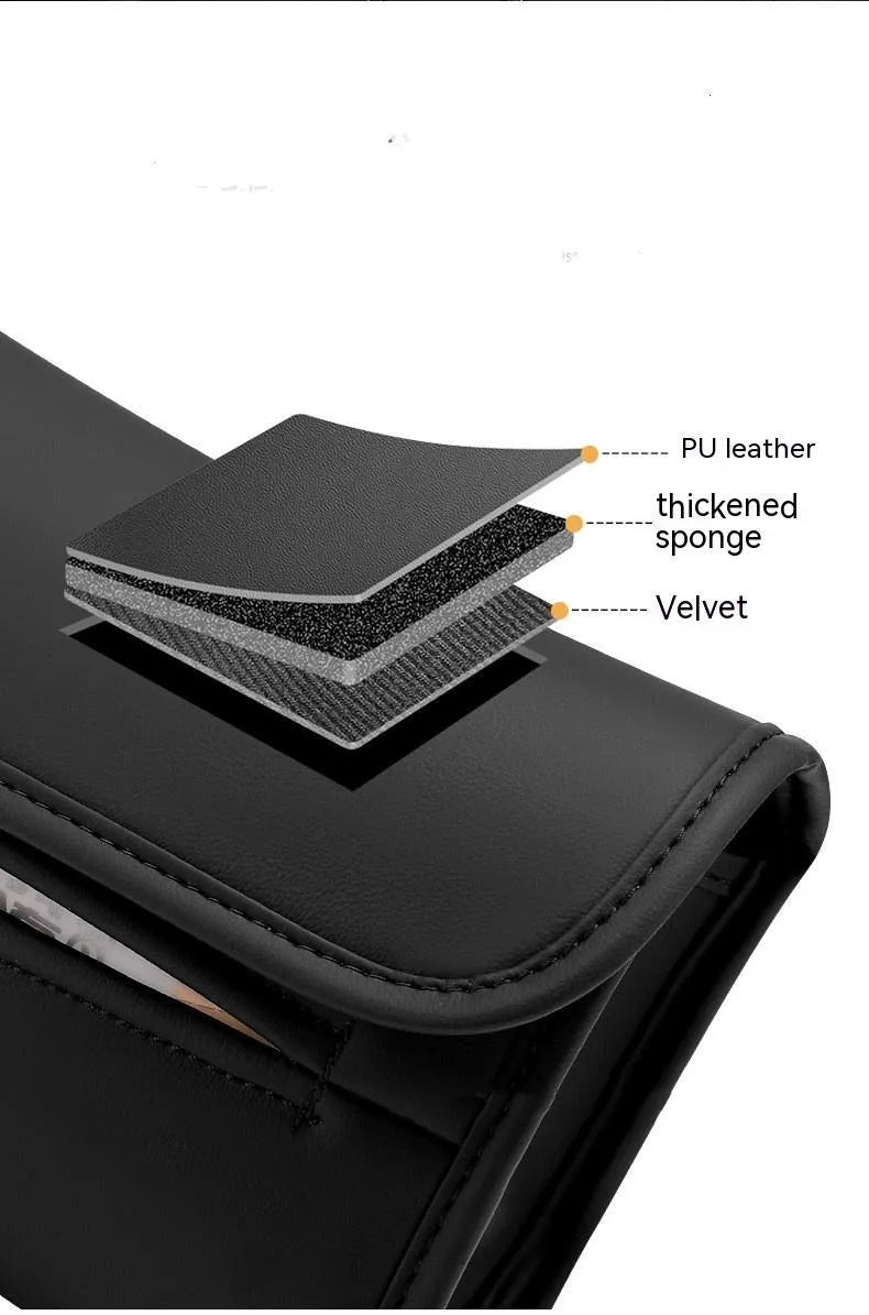 Leather car tissue box mounted on car sun visor with elastic band button fastening