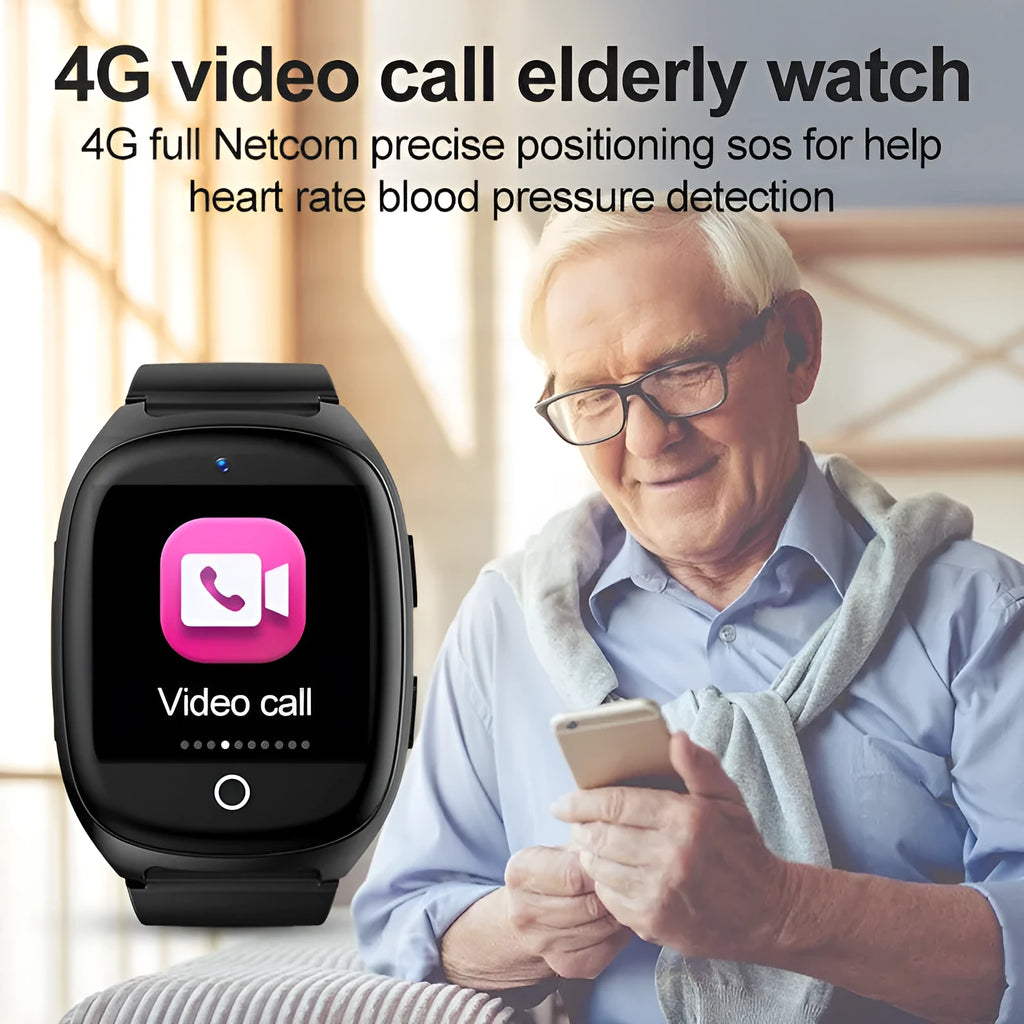 Black GPS smartwatch with touch screen displaying heart rate monitor and SOS functions