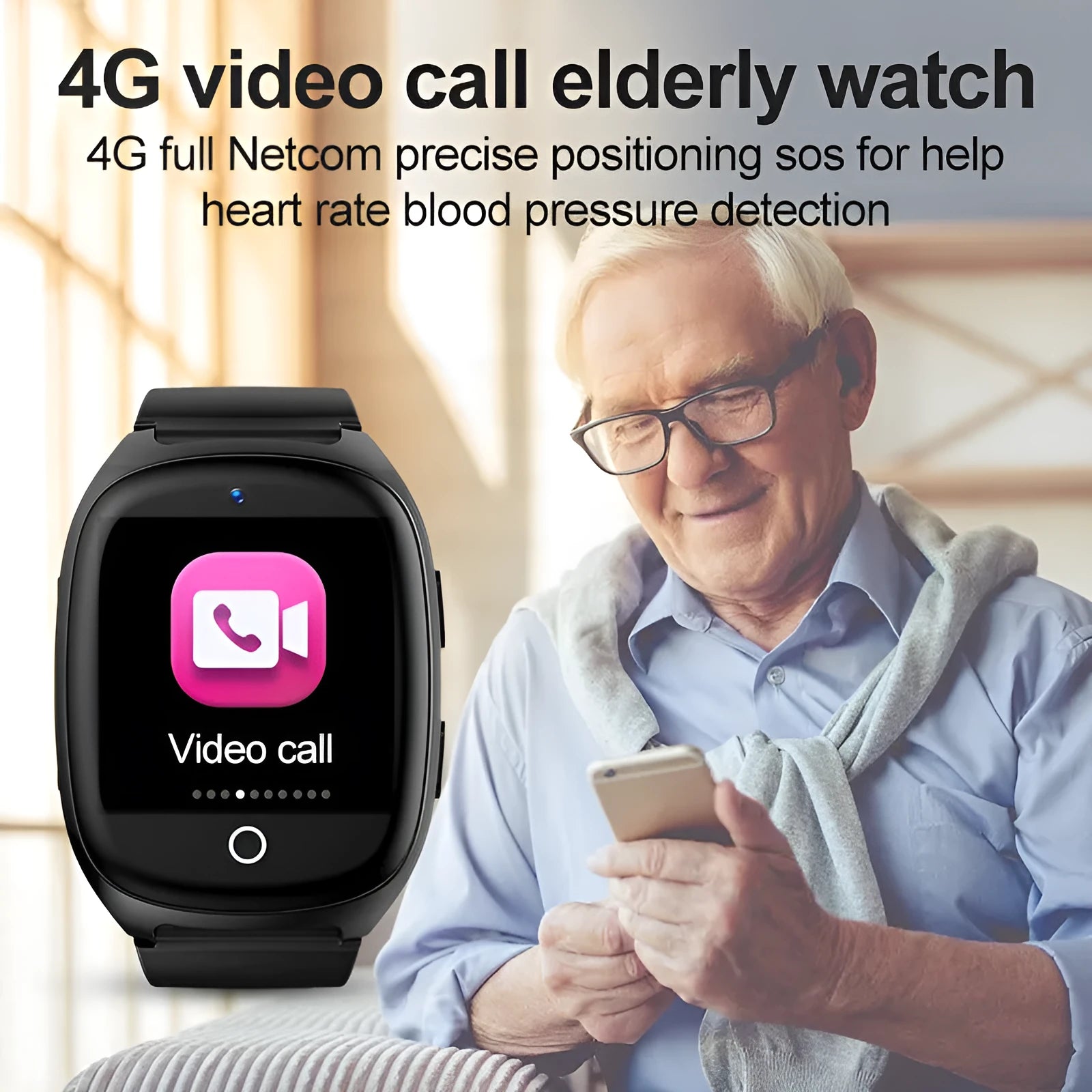 Black GPS smartwatch with touch screen displaying heart rate monitor and SOS functions