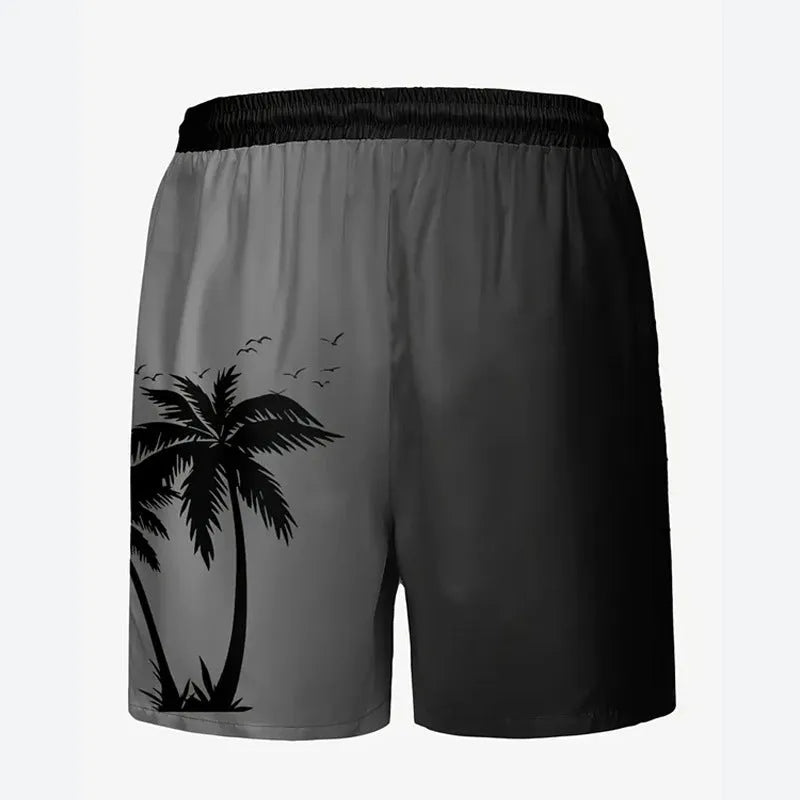 Man wearing loose grey polyester beach shorts on a sandy shore