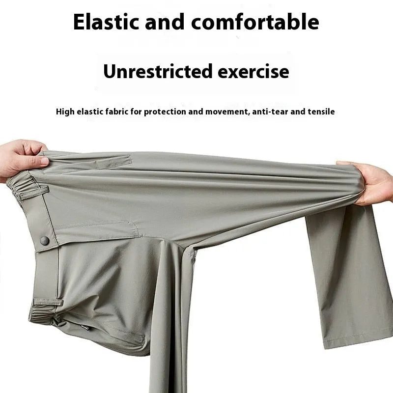 Men's black ice silk loose-fit straight-leg casual trousers with elasticated waist.