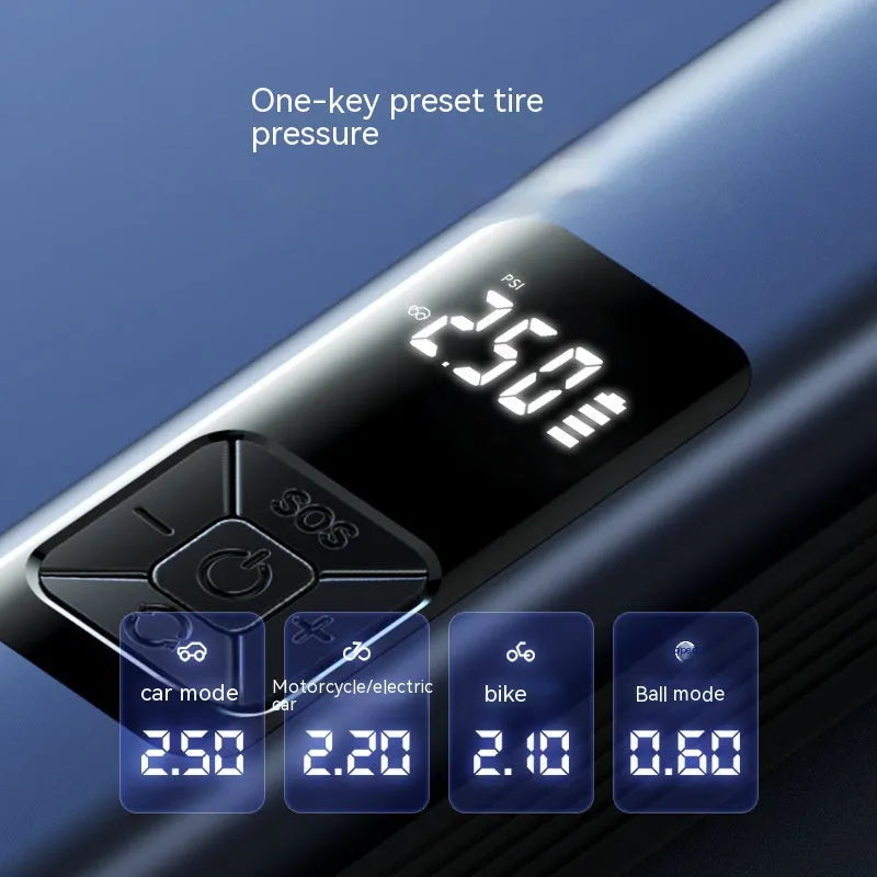 Wireless digital display car air pump and vacuum cleaner with USB-C cable and accessories.