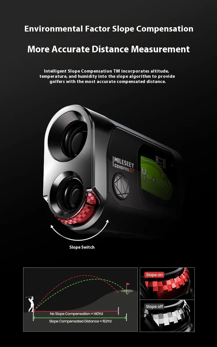 Black GenePro G1 golf GPS laser rangefinder with AMOLED touch screen.