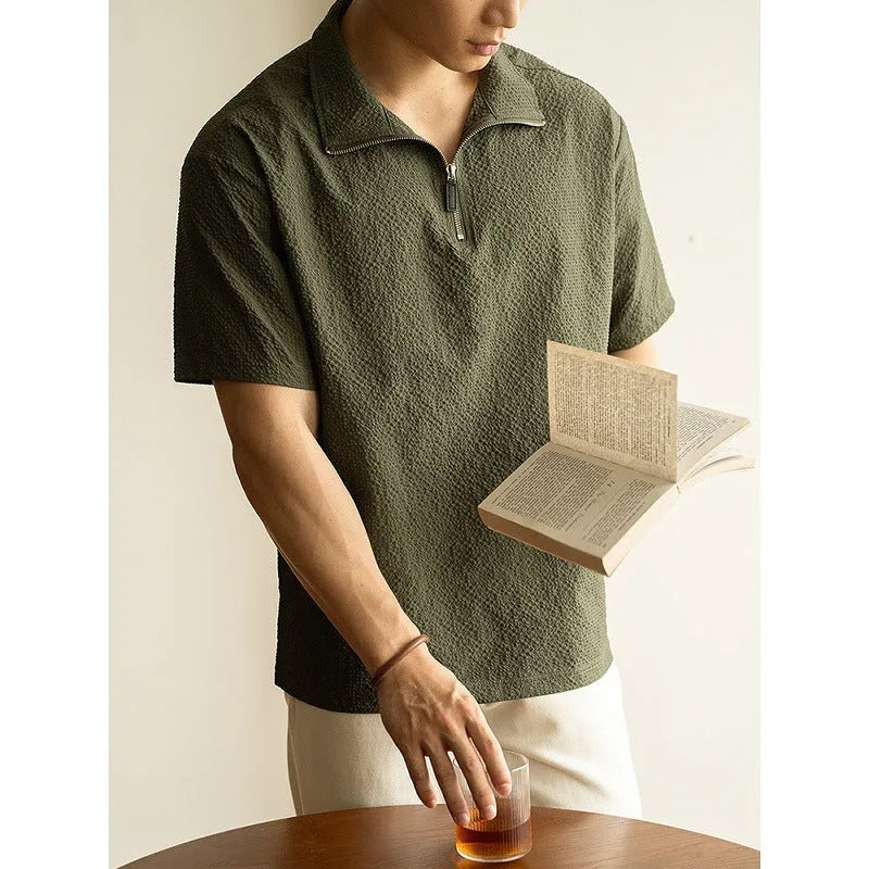 Men's casual short sleeve shirt in ice silk polyester fabric showing loose fit and summer styling