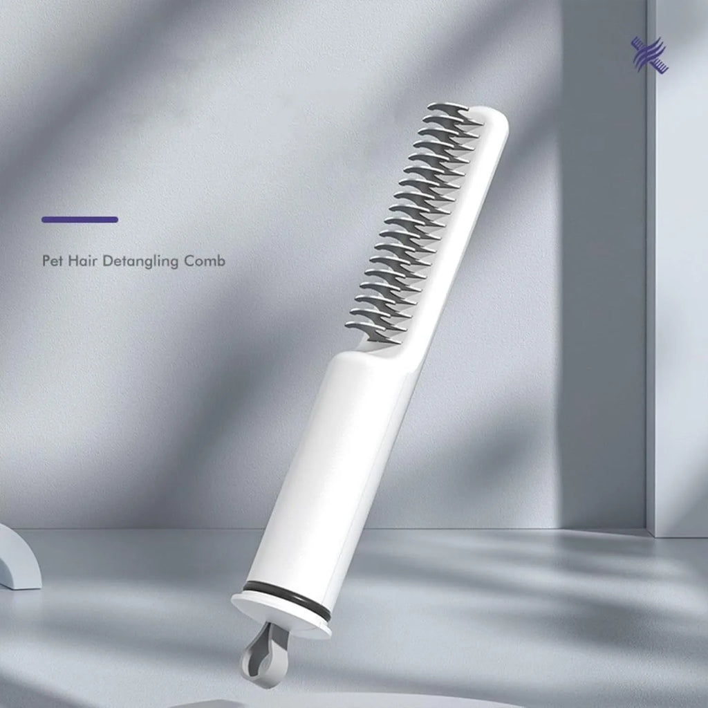 Stainless steel pet dematting comb with ergonomic handle for removing knots and mats from dog coats