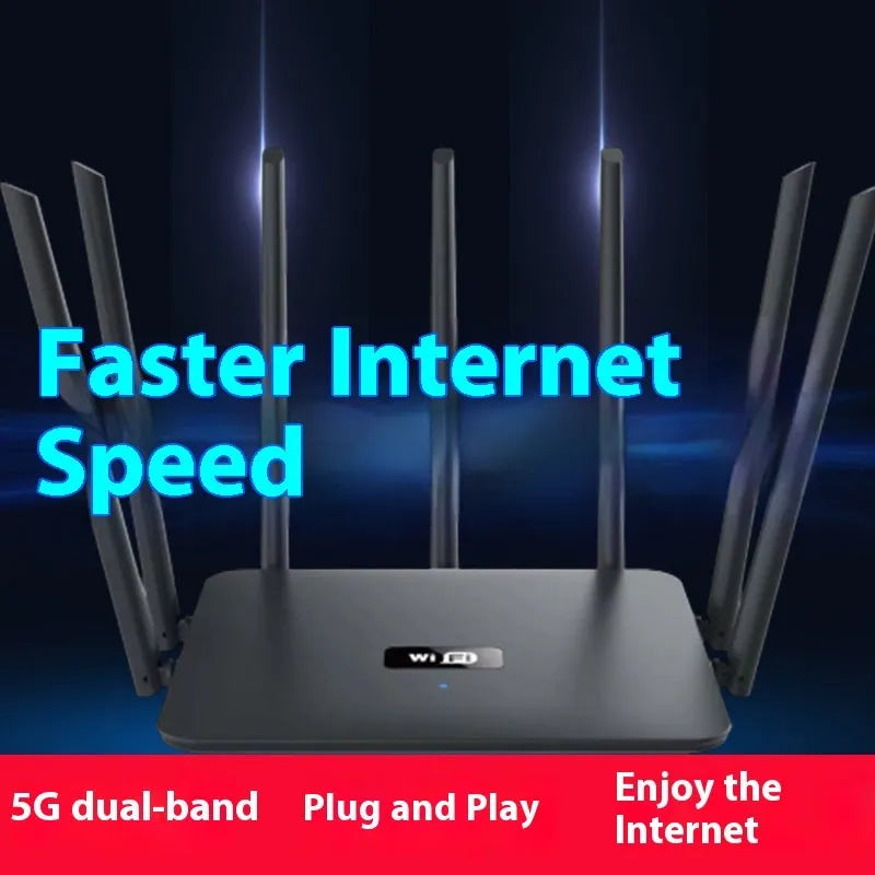 Dual-band 5G Gigabit WiFi router in black or white offering whole-house coverage with through-wall signal penetration