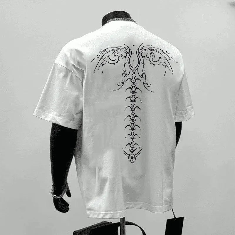Men's black and white cotton T-shirt with loose fit and printed letter design for casual business wear