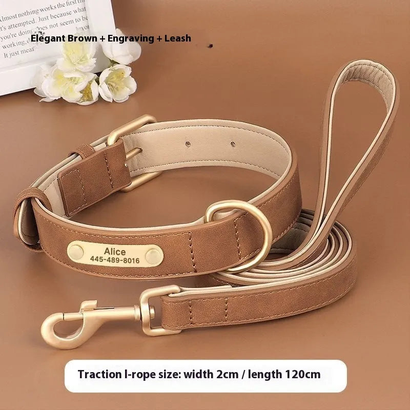 Double-layer leather dog collar with matching nylon lead in blue colour