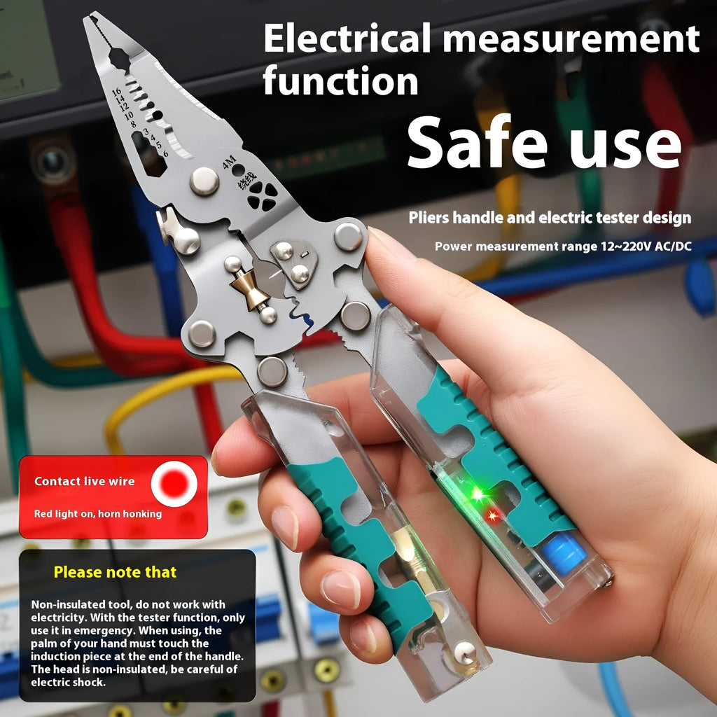 Thickened multi-functional electric wire stripper and pointed pliers tool on a workbench.