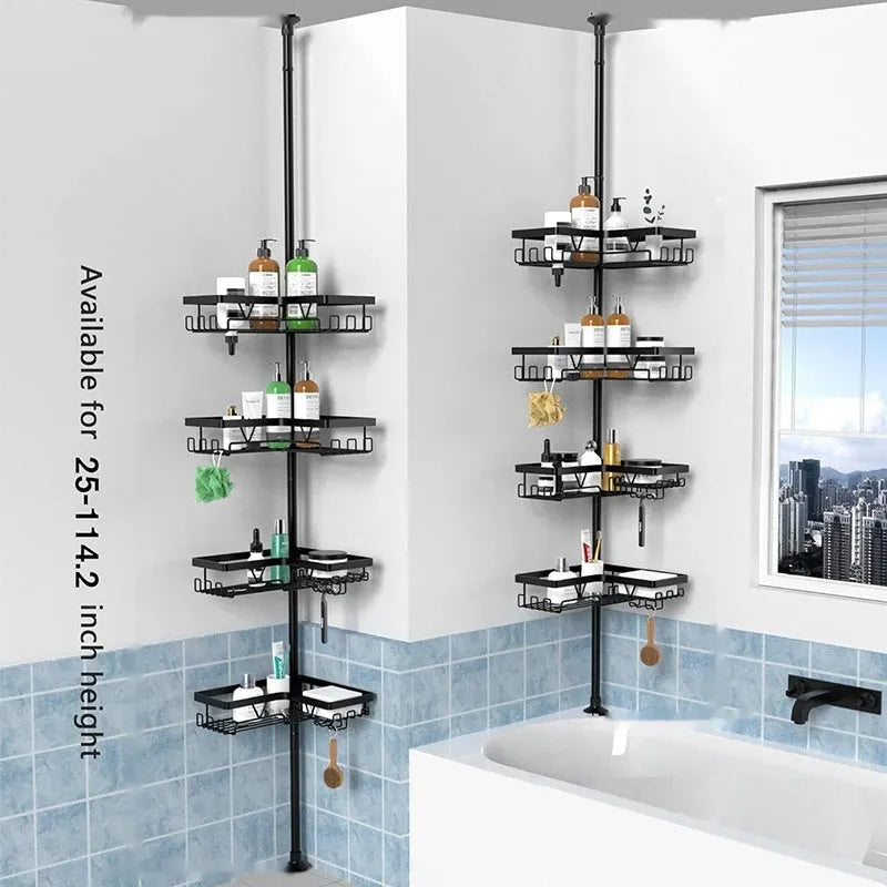 Hole-free retractable bathroom storage rack with four shelves in modern simplicity style