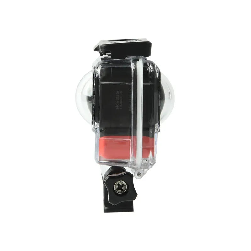 Transparent waterproof housing for Insta360 One RS panoramic camera showing dual lens protection