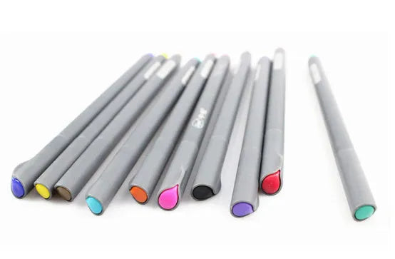 Pack of ten black hook line pens with 0.38mm fine tips for technical drawing.