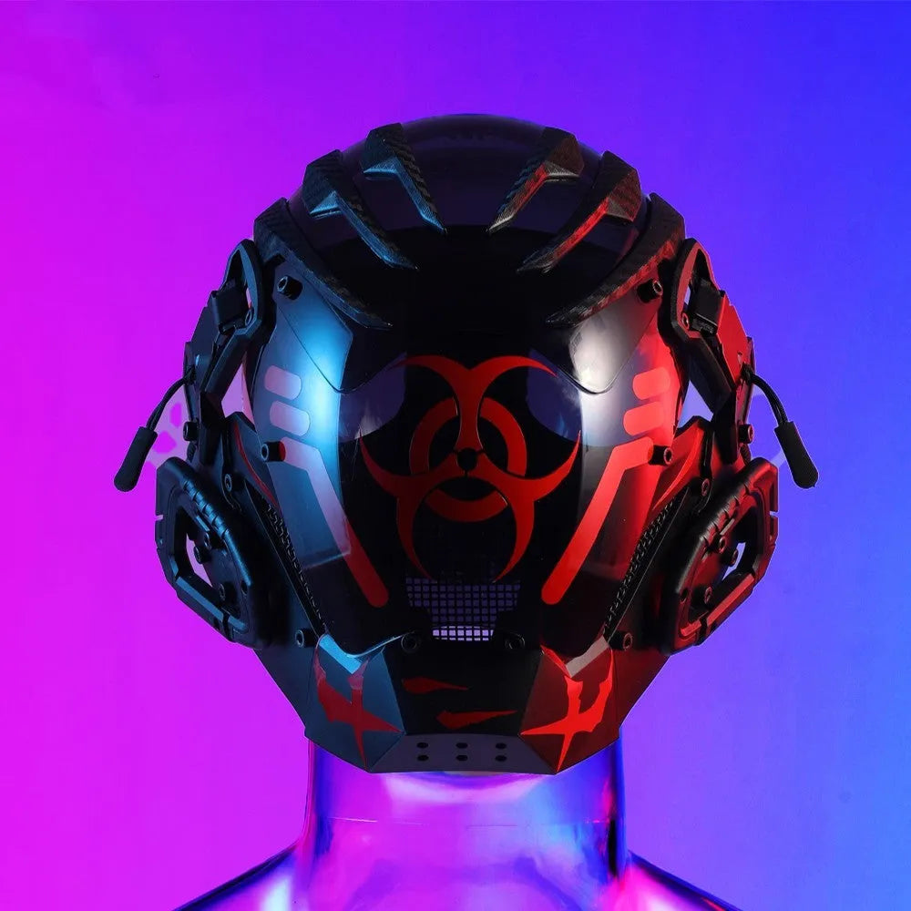 Black full face creative prop mask helmet with cyberpunk design for Halloween costumes