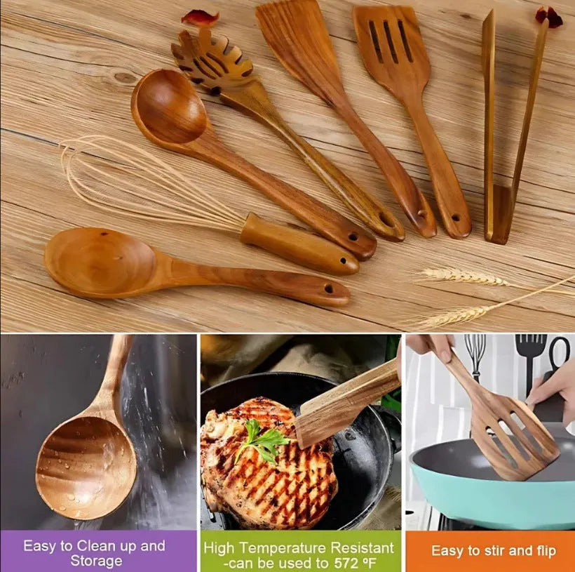 Set of seven wooden cooking utensils with spoon and shovel shapes for use with non-stick pans.