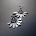 Purple Bohemian earrings with resin flowers and animal zodiac designs on alloy base