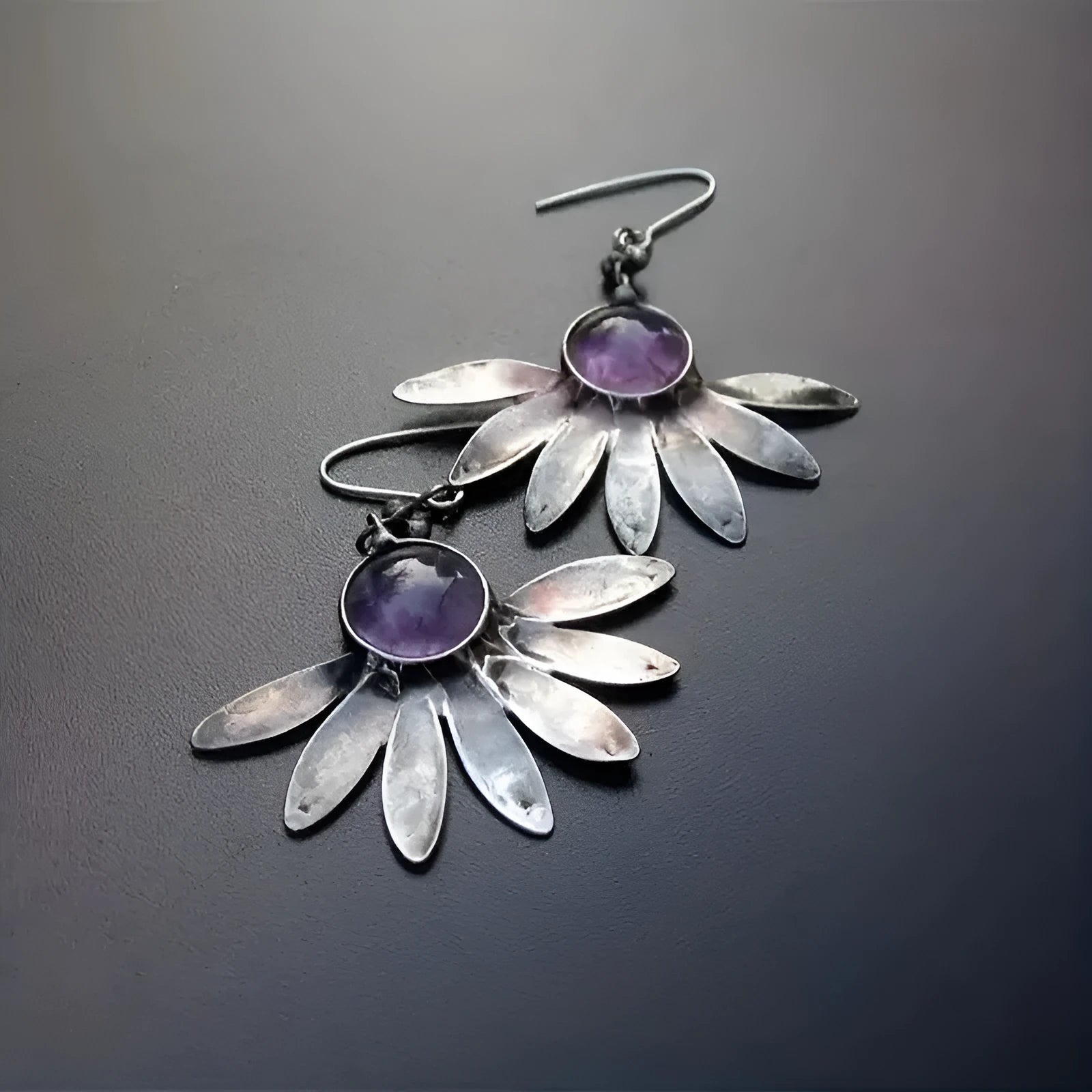 Purple Bohemian earrings with resin flowers and animal zodiac designs on alloy base