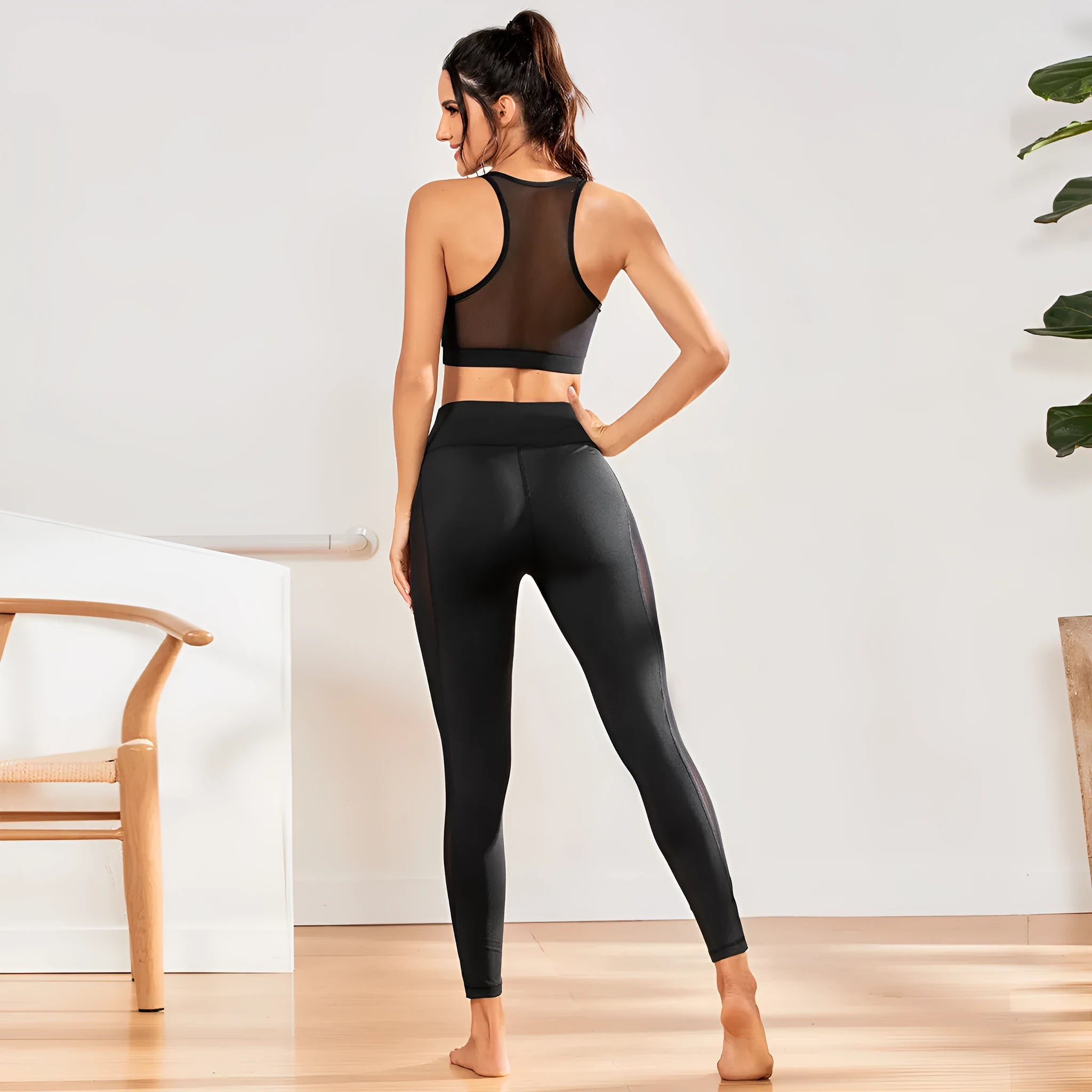 Black women's yoga tight running sports fitness set with milk cotton fabric, plain pattern, available in sizes S M L