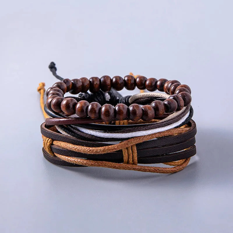 Vintage multilayer leather adjustable bracelet set with wooden beads, ethnic wrap design for women and men, 18g