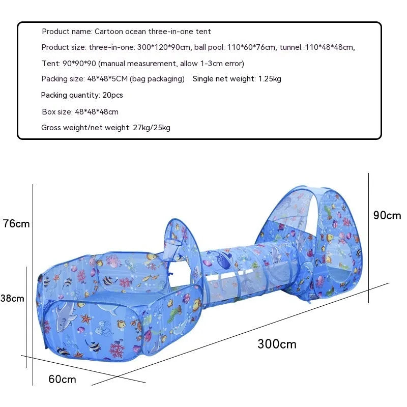 Three-in-one children's cloth tent set with ball pool and tunnel in cartoon submarine theme