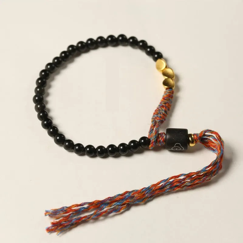 Hand-woven obsidian bracelet with 4mm width and 15.5-16cm adjustable length