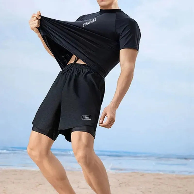 Men's patterned polyester swimsuit set on a mannequin, showing the top and trousers.