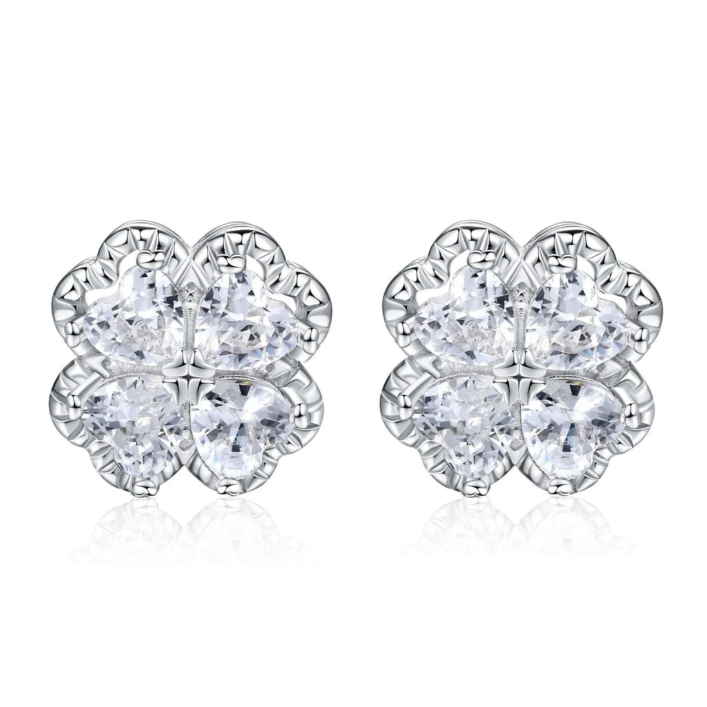 925 silver heart-shaped earrings with four-leaf clover design and zircon detailing in white gold colour