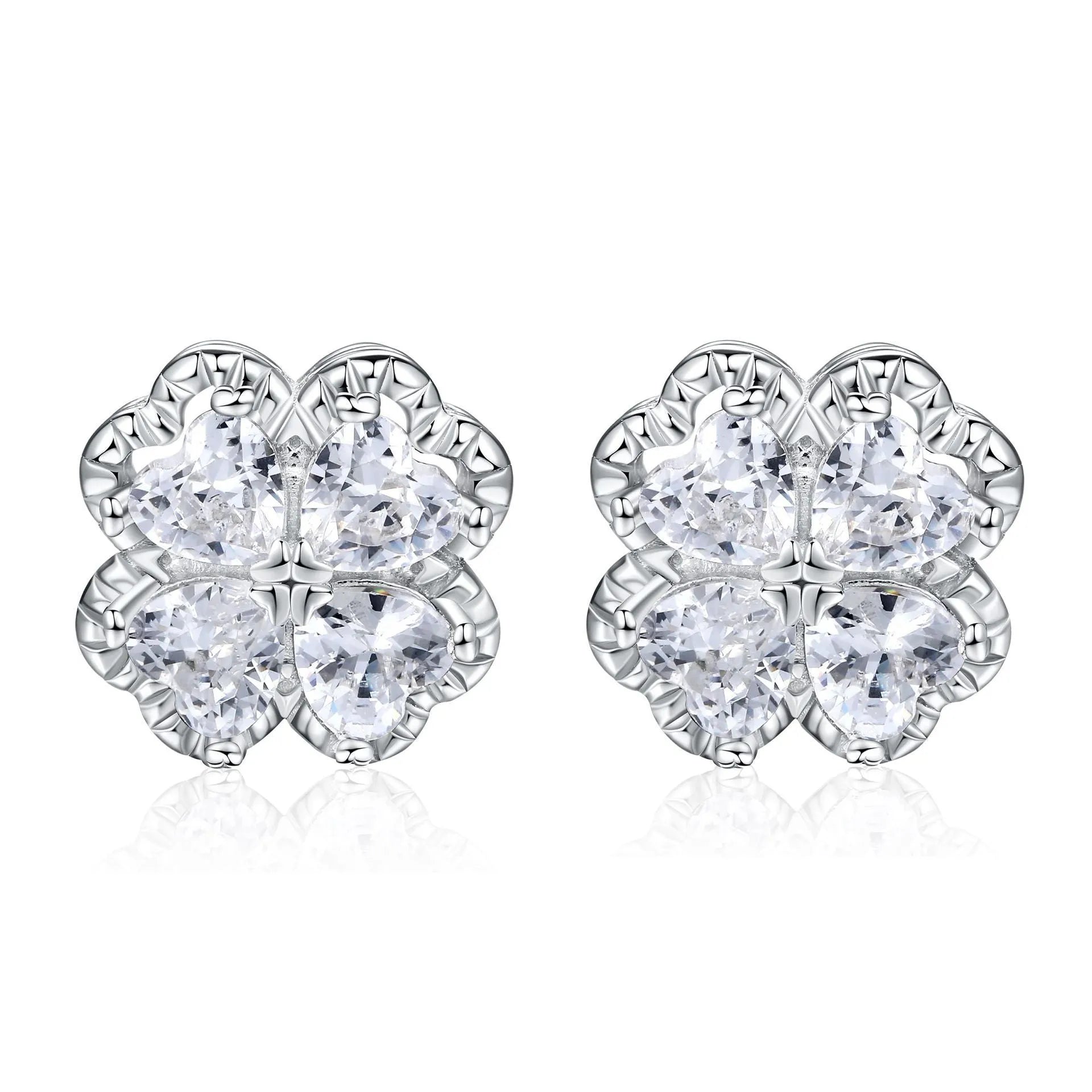 925 silver heart-shaped earrings with four-leaf clover design and zircon detailing in white gold colour