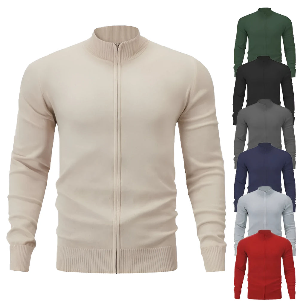 Men's casual zip-front sports sweater with stand collar in cotton fabric loose fit