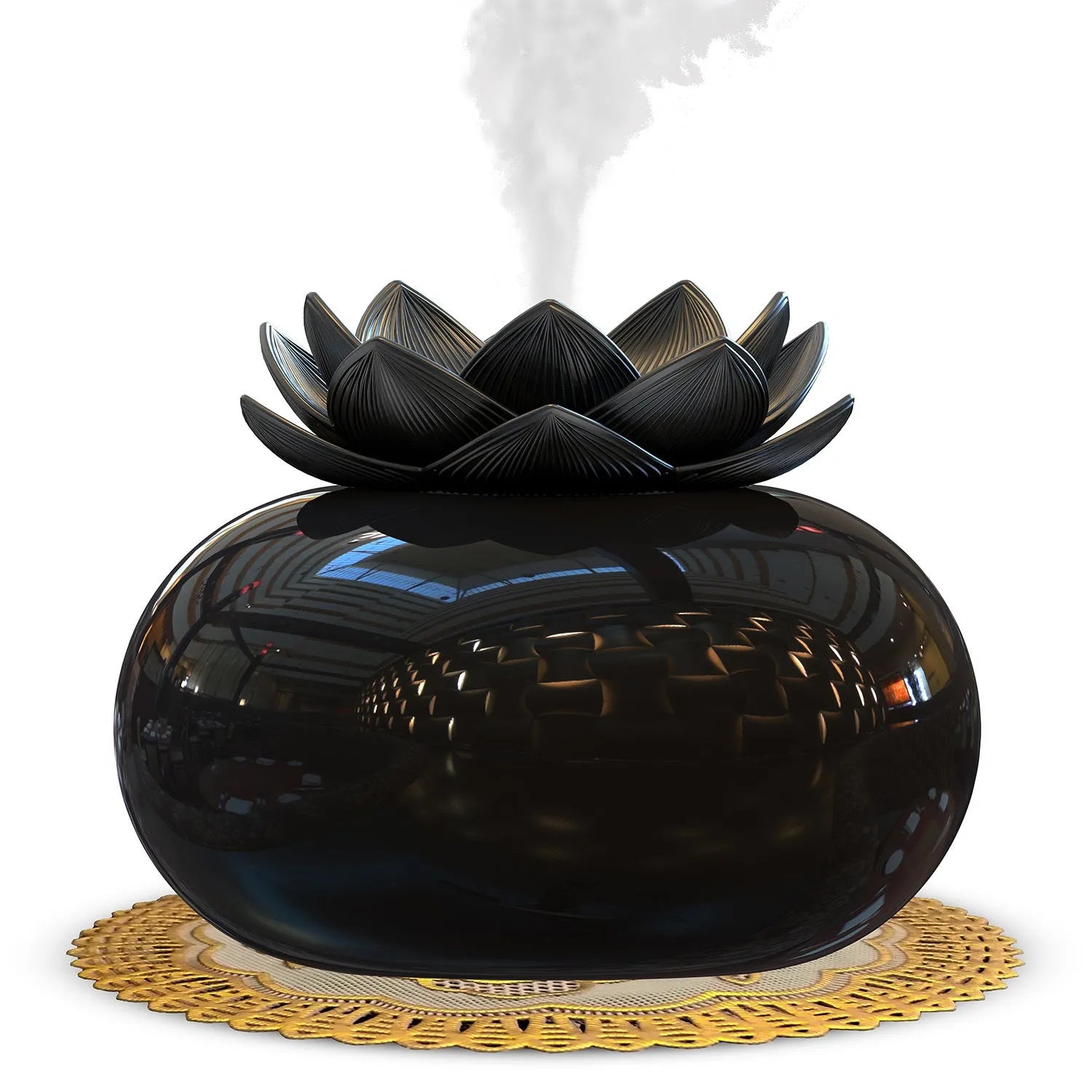 Pure black lotus aromatherapy humidifier with USB cable on desk surface
