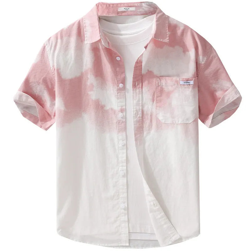 Men's light pink pure cotton short-sleeved shirt with loose fit cardigan style