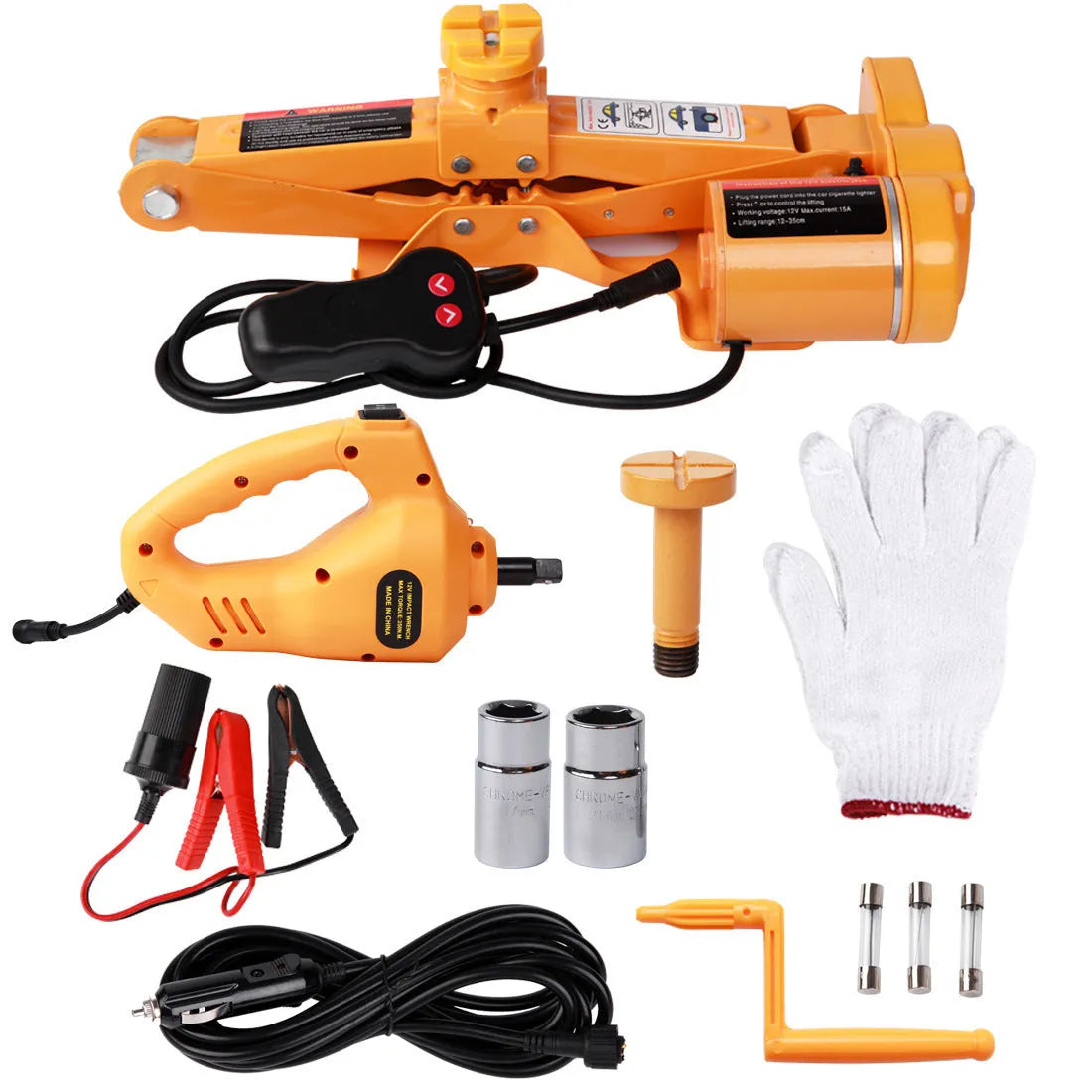 Yellow car electric jack set with hydraulic lift and electric wrench for tyre changes