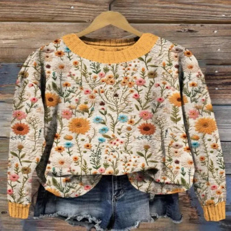 Little Flower digital printed floral pattern round neck polyester sweater shown in multiple colour options